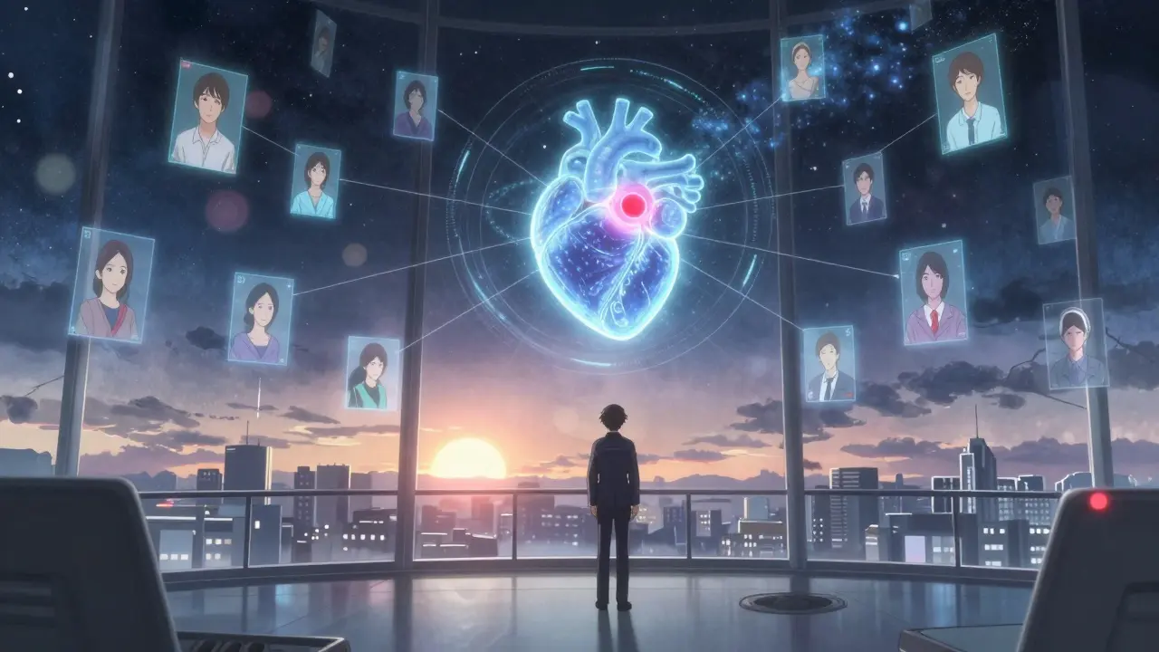 Un réseau holographique de millions de patients connectés à un cœur artificiel, avec un signal d'alerte rouge.