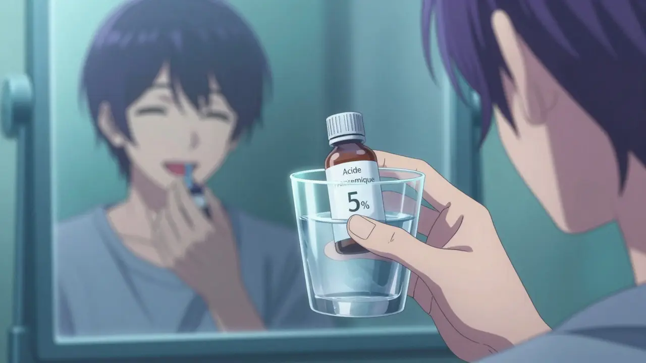 Une bouteille d'acide tranexamique à 5 % avec un éclat doux, utilisée pour prévenir les saignements après un soin.