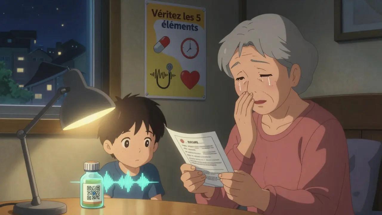 Une grand-mère et son petit-fils vérifient ensemble l'étiquette d'un médicament sous une lampe chaude.