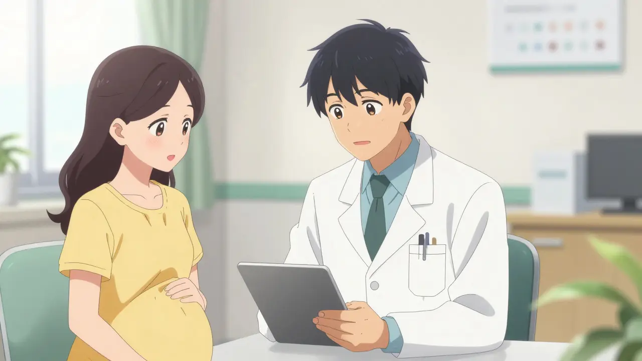 Consultation médicale bienveillante entre un médecin et une femme enceinte, style anime.