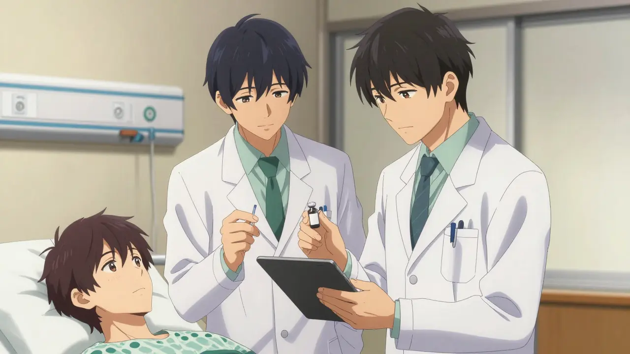 Deux soignants bishounen effectuant une double vérification de sécurité au chevet d'un patient.