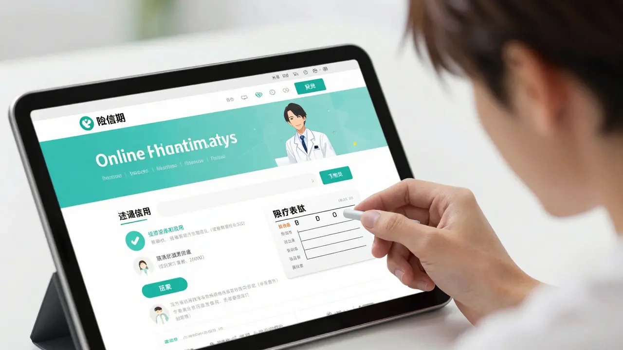 Homme consultant une prescription numérique sur une tablette de pharmacie certifiée.