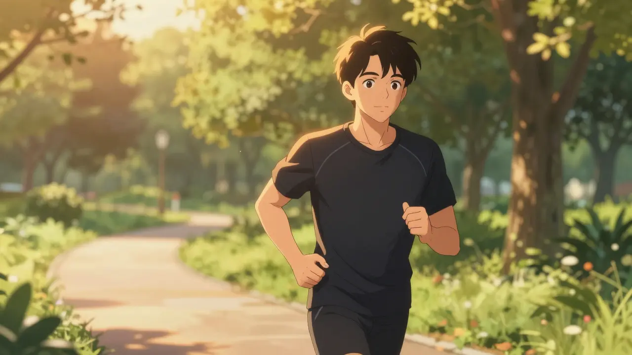 Jeune homme athlétique courant dans un parc au coucher du soleil pour sa santé.