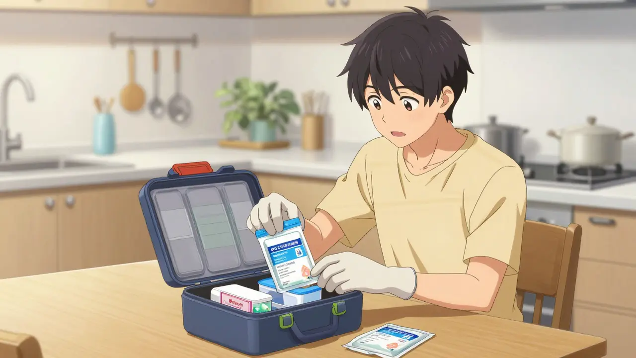 Jeune homme bishounen organisant un kit de sécurité et de gestion des déchets hazardous à domicile.