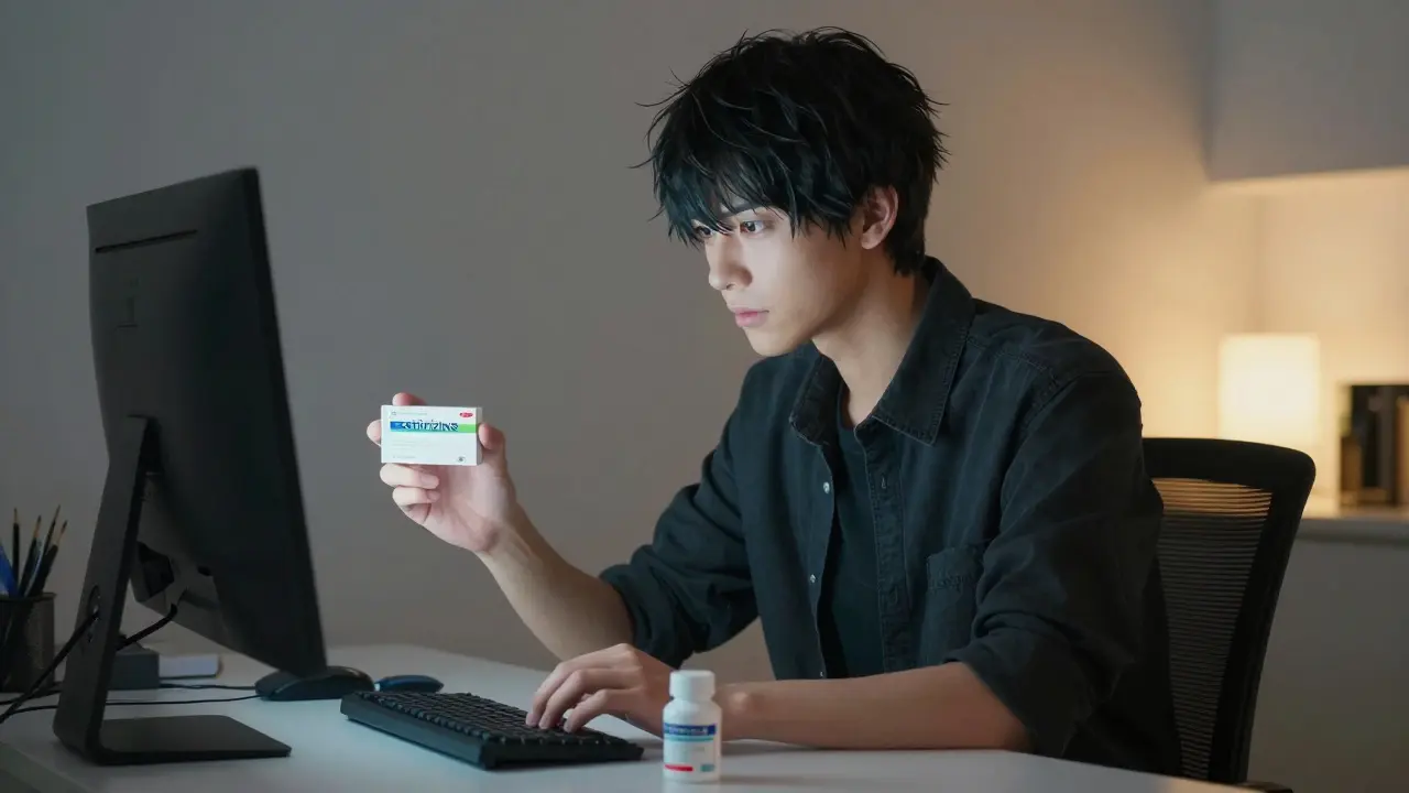 Jeune homme élégant comparant les prix de médicaments génériques sur son ordinateur.