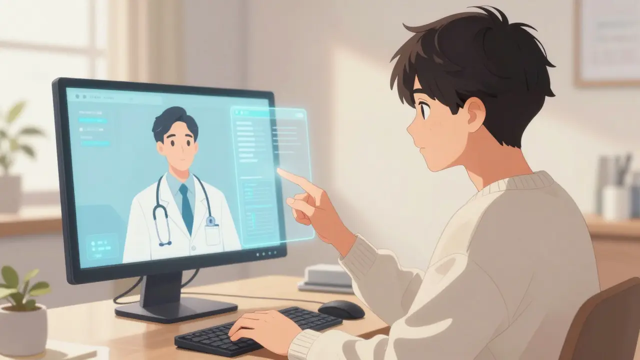 Jeune homme en téléconsultation médicale via une interface numérique style anime.