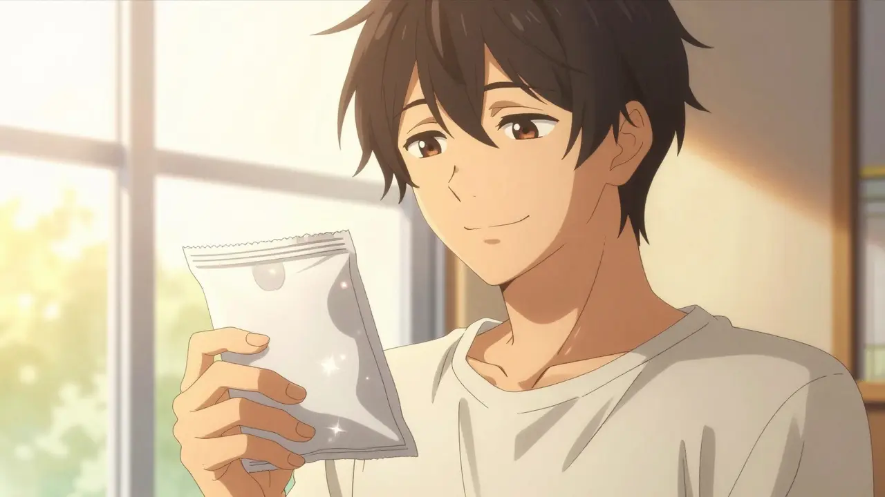 Jeune homme soulagé recevant son colis de médicaments à domicile style bishounen.