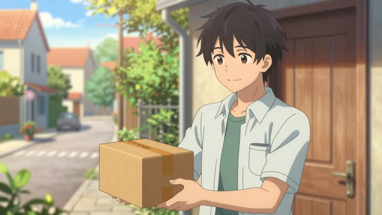 Jeune homme souriant recevant un colis de médicaments à son domicile.