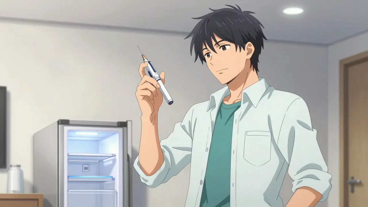 Jeune homme style anime se préparant à une injection d'inhibiteur du PCSK9.