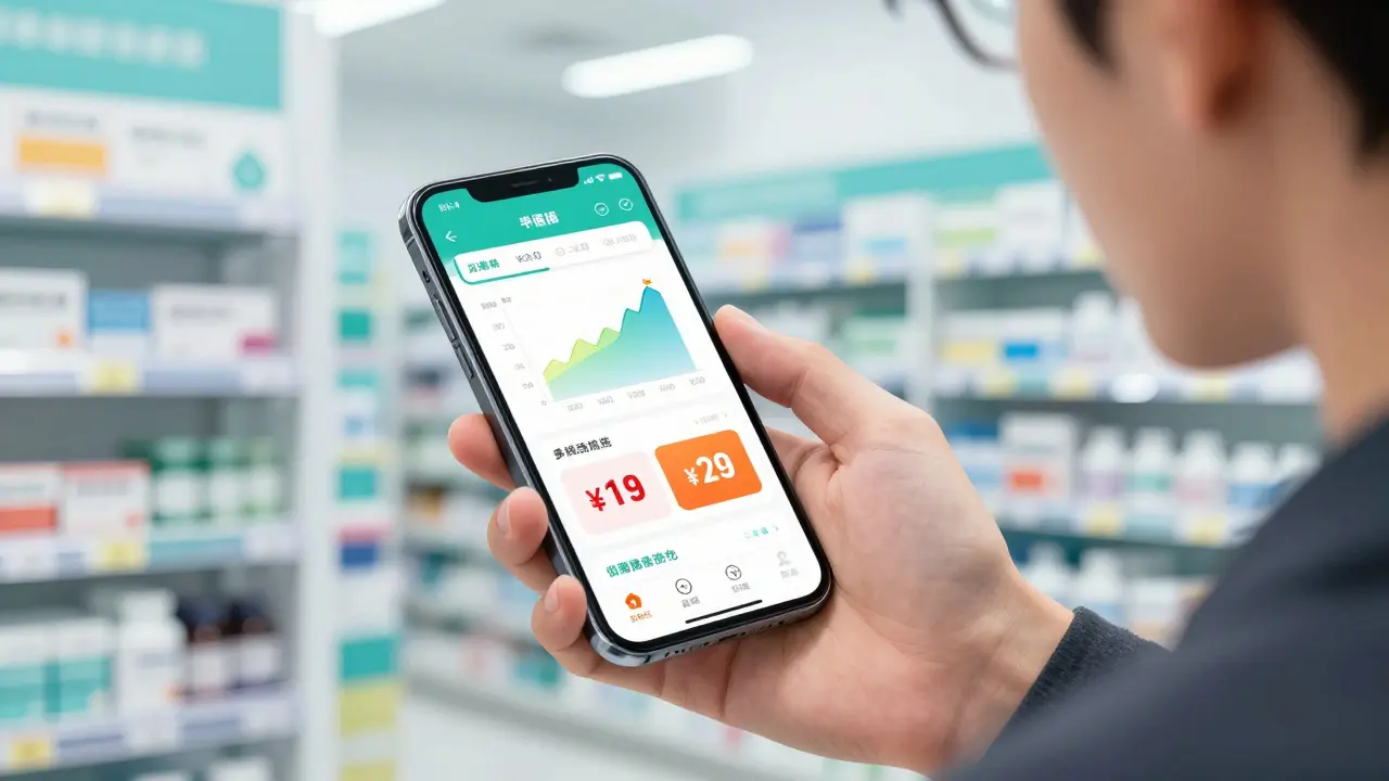 Main d'un jeune homme utilisant une application de comparaison de prix pour médicaments.