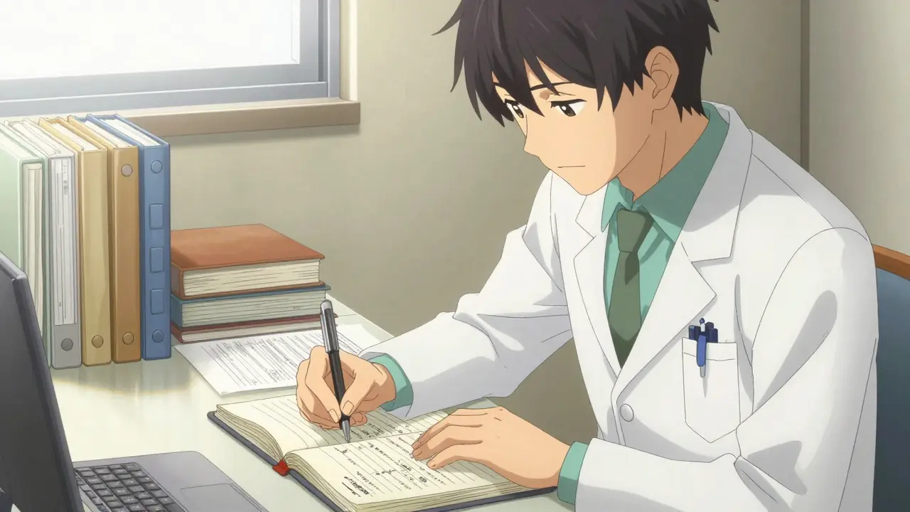 Médecin documentant soigneusement une prescription dans un carnet