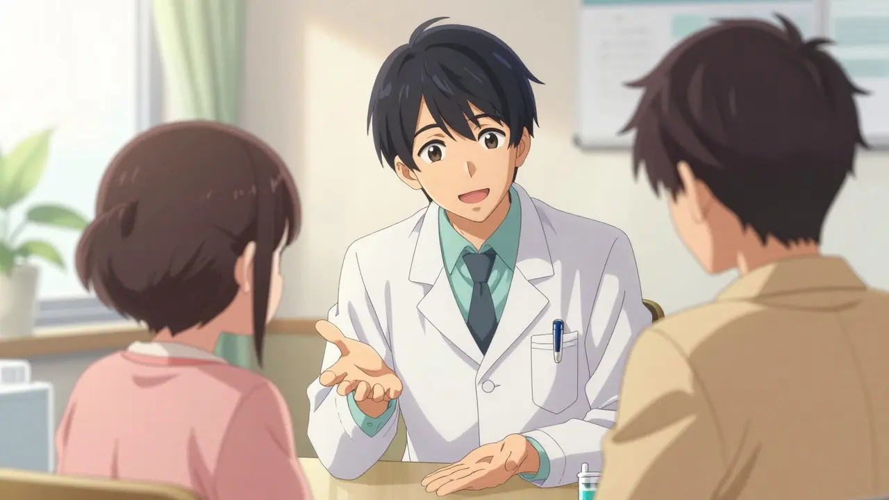 Pharmacien bienveillant expliquant la bioéquivalence d'un médicament à un patient.