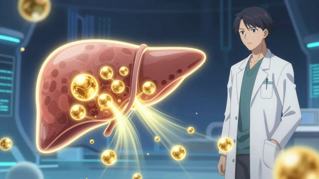 Représentation conceptuelle anime du foie absorbant le cholestérol LDL.