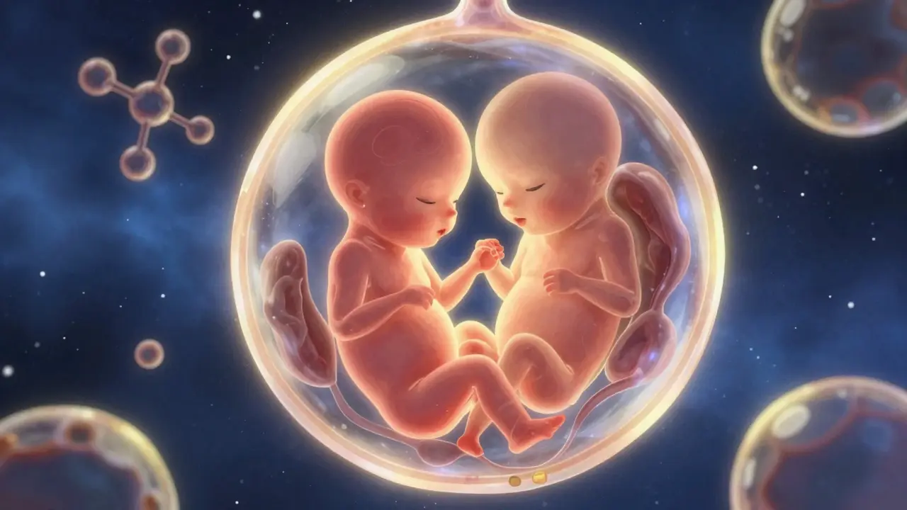 Représentation conceptuelle d'un fœtus et de molécules chimiques, style anime.