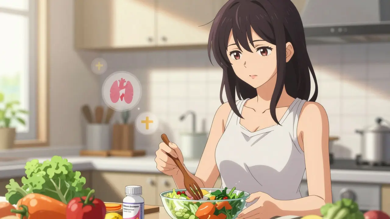 Femme confiante préparant une saine alimentation avec des compléments alimentaires dans sa cuisine.