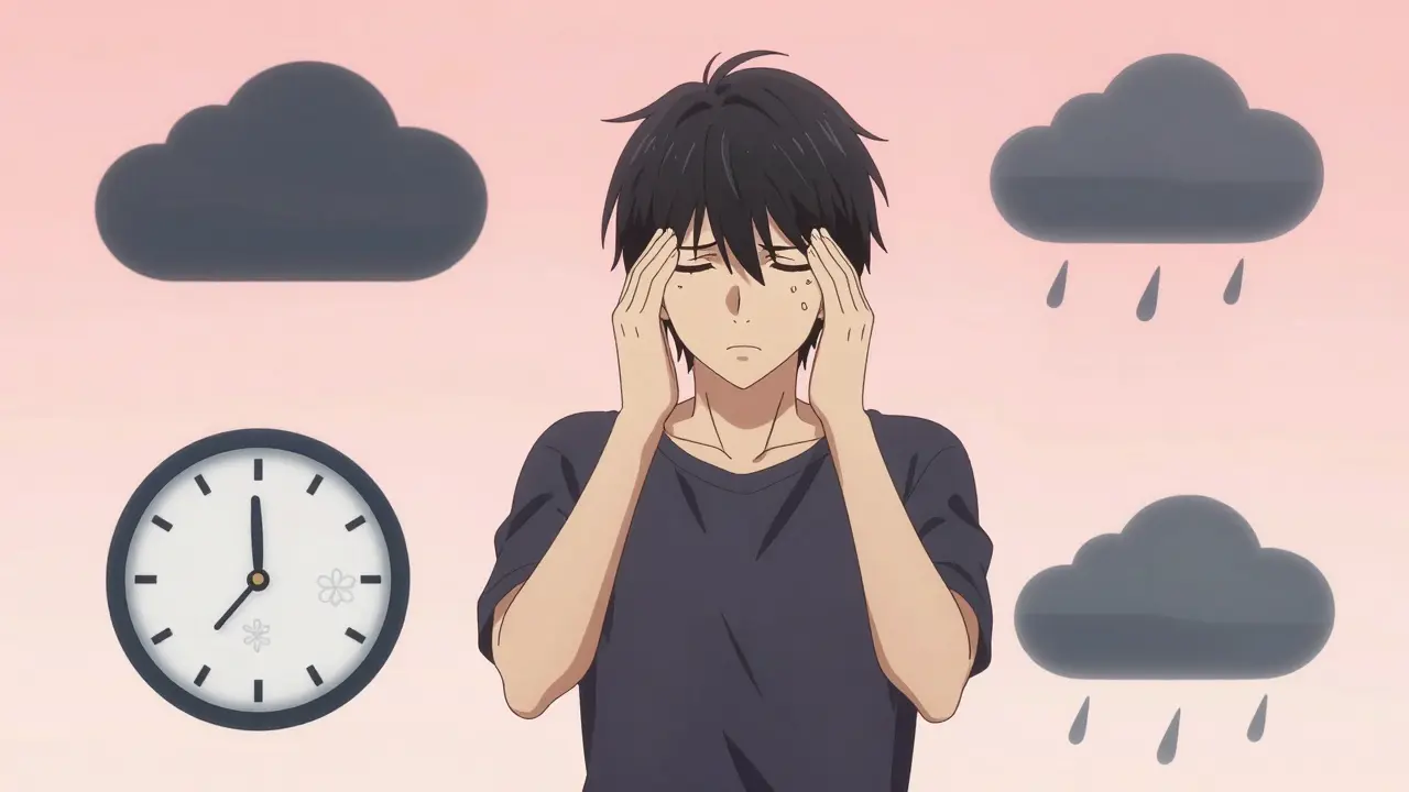 Illustration anime des déclencheurs de migraine entourant un personnage masculin