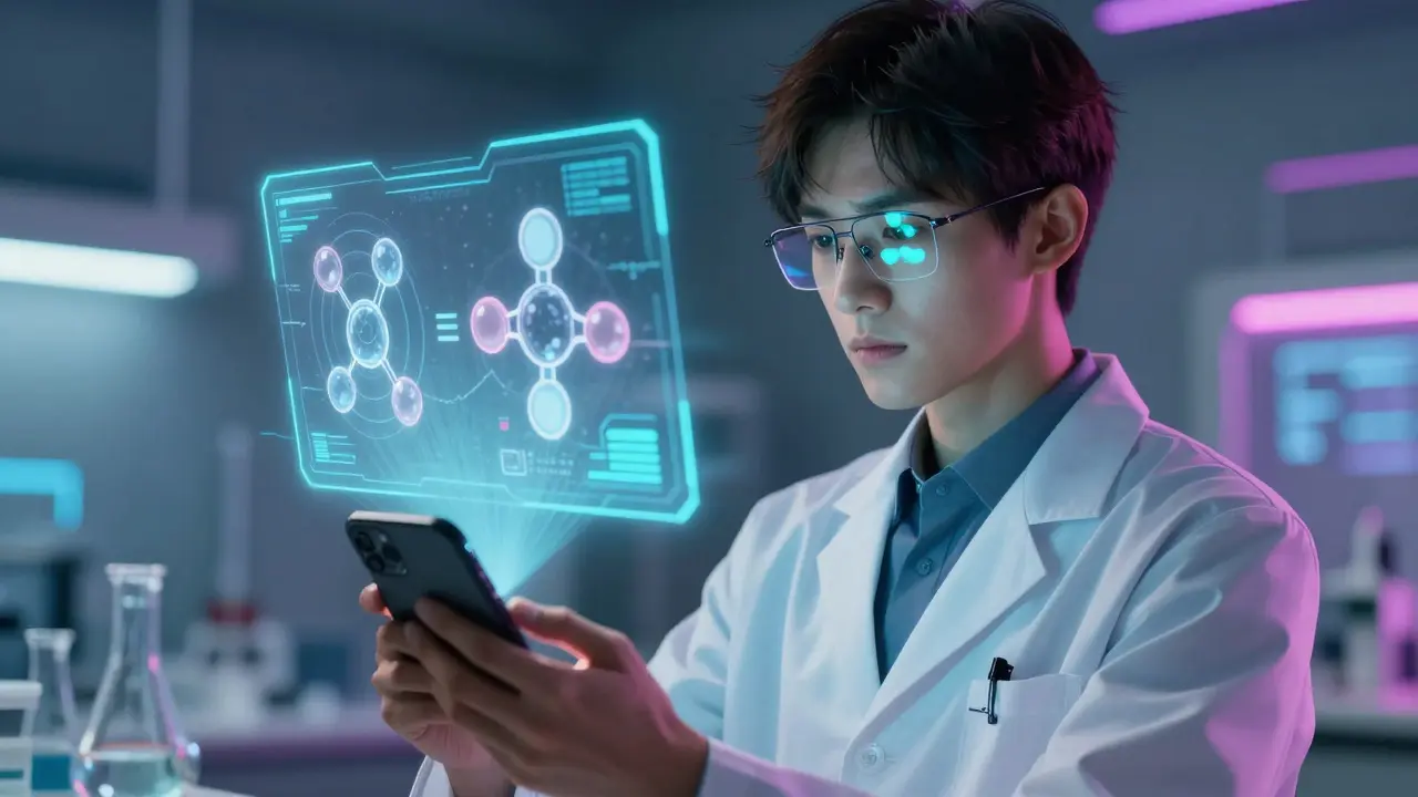 Médecin regardant une hologramme moléculaire en réalité augmentée