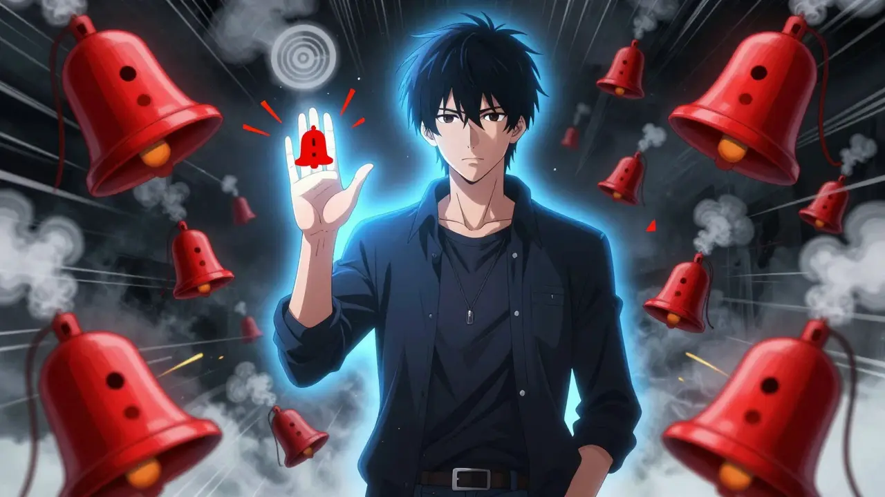 Personnage de manga contrôlant des alarmes fausses symbolisant la douleur