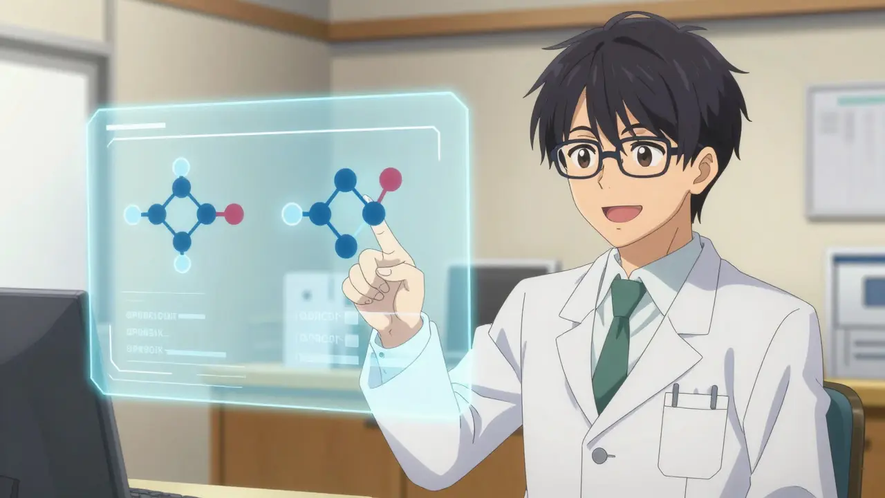 Pharmacien souriant expliquant un graphique visuel flottant