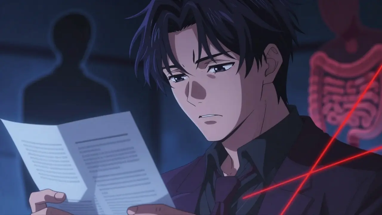 Portrait dramatique d'un personnage anime avec des symboles abstraits d'effets secondaires.