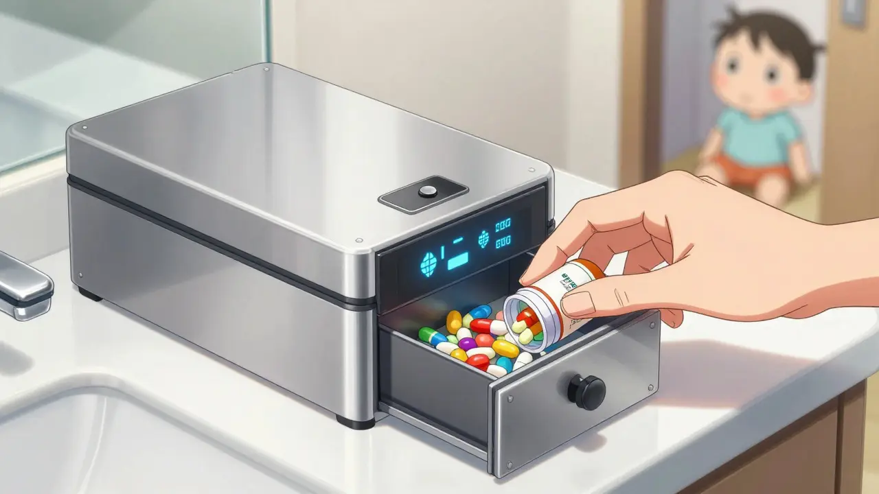 Boîte à médicaments sécurisée et verrouillée sur une table de salle de bain