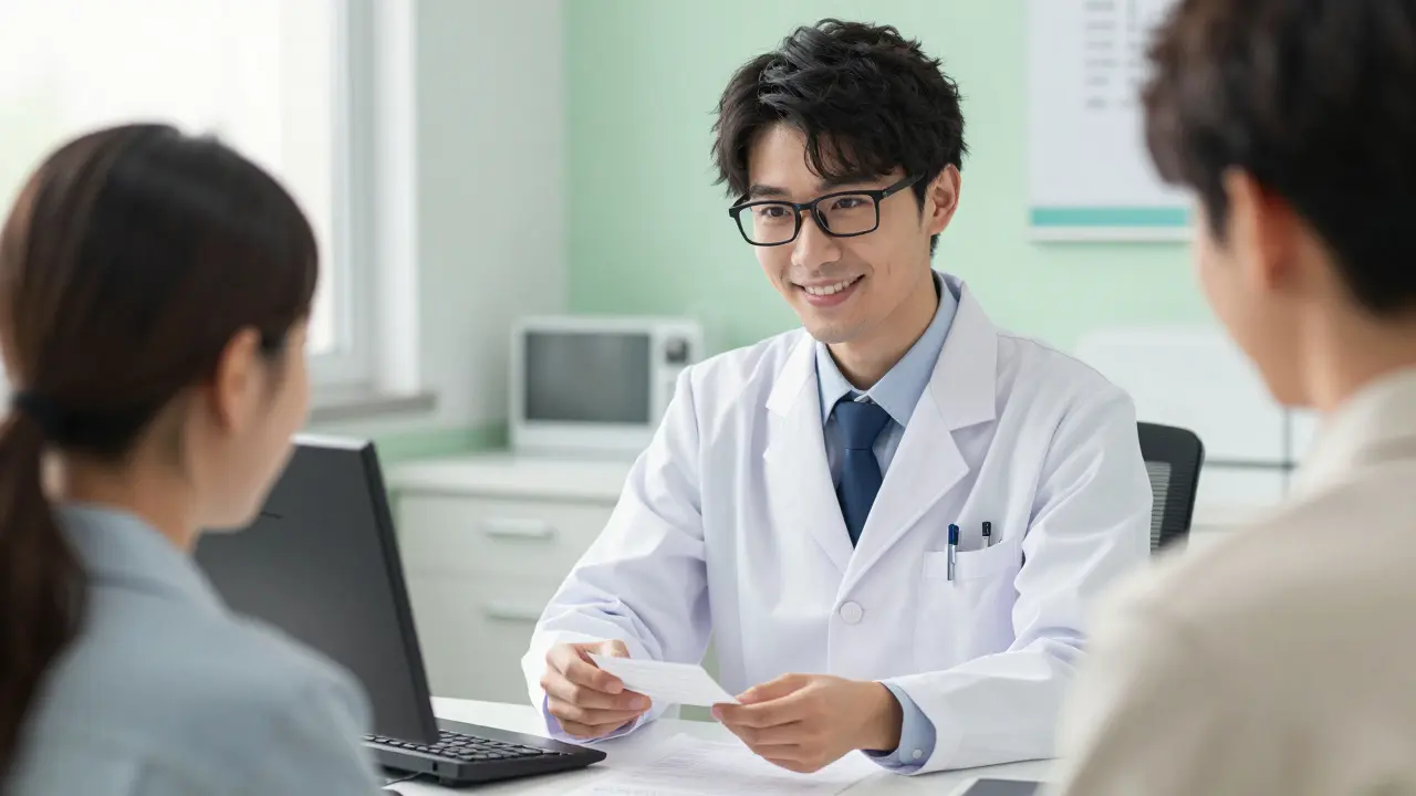 Pharmacien souriant remettant une ordonnance à un patient rassuré
