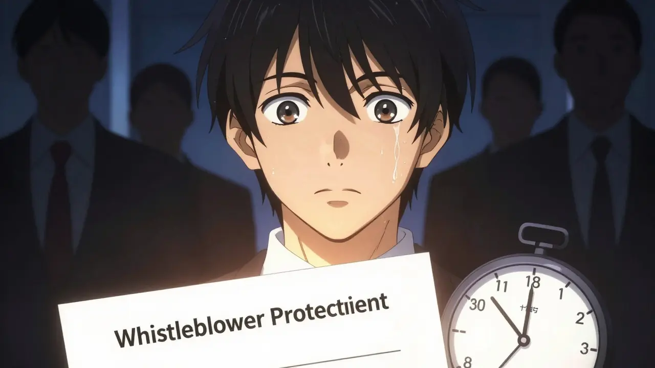 Portrait dramatique d'un protagoniste anime bishounen réalisant l'urgence du signalement, entouré d'ombres représentant les représailles et éclairé par la lumière de la protection légale.