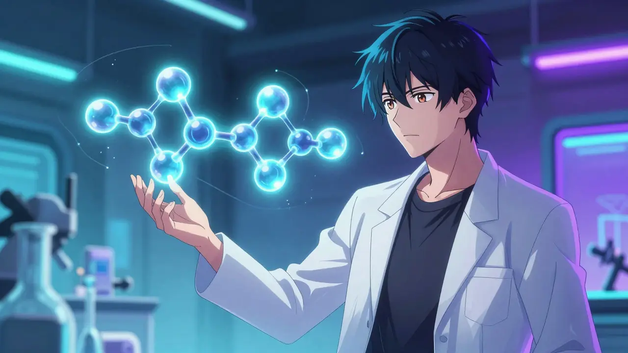 Scientifique anime examinant une molécule brillante représentant la bioéquivalence en laboratoire