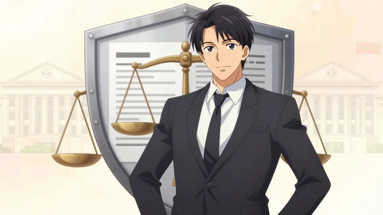 Un avocat protecteur des lanceurs d'alerte au style anime bishounen se tient devant un bouclier symbolique fait de documents juridiques, offrant une image de protection et de conseil.