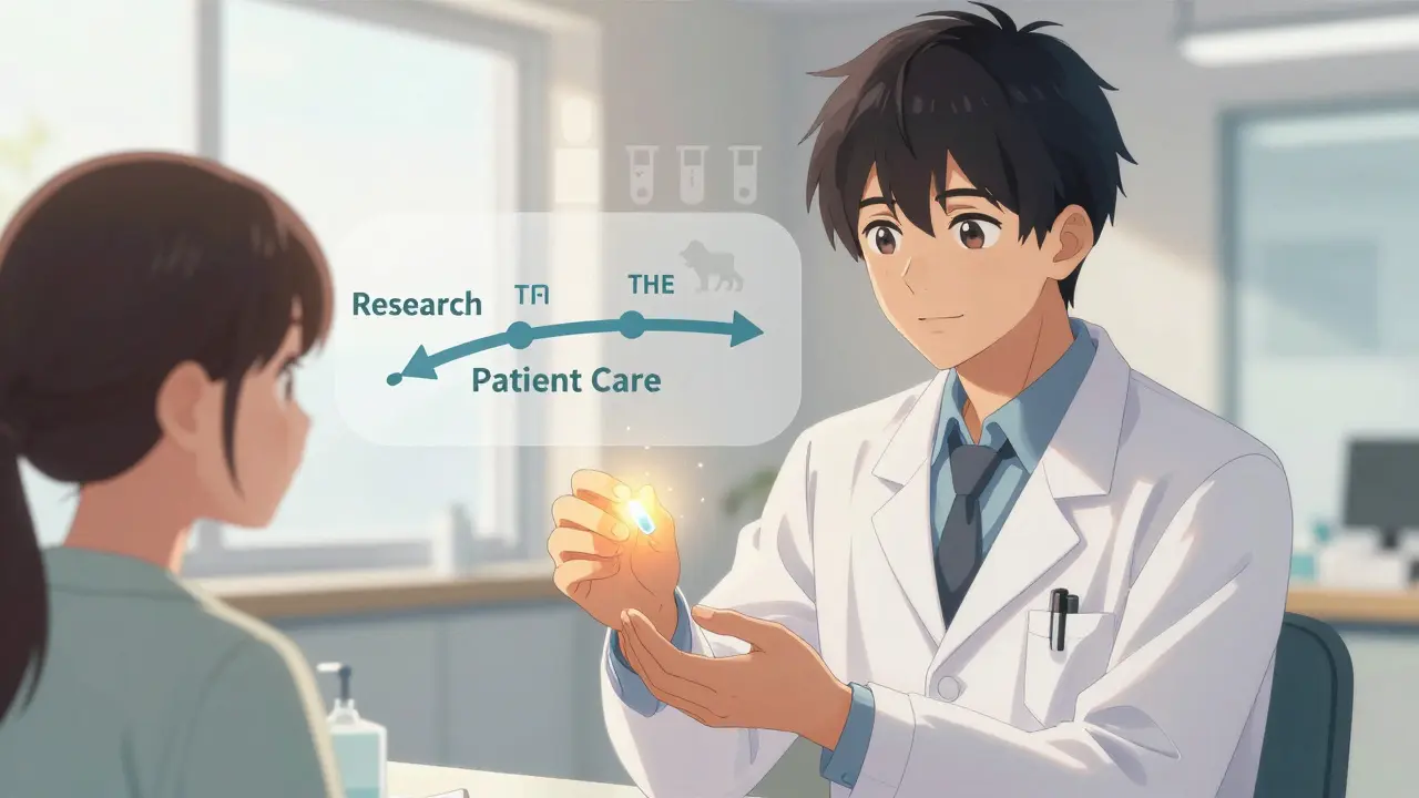 Un médecin tendant un médicament lumineux à un patient soulagé dans une clinique moderne.
