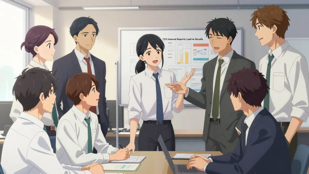 Une équipe de jeunes professionnels au style anime bishounen discute collaborativement de protocoles de sécurité dans un bureau lumineux, soulignant l'importance des rapports internes.
