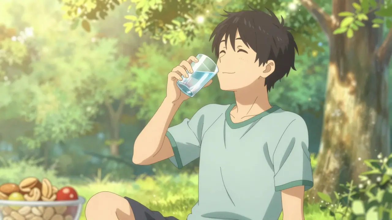 Homme détendu en nature avec de l'eau et des fruits