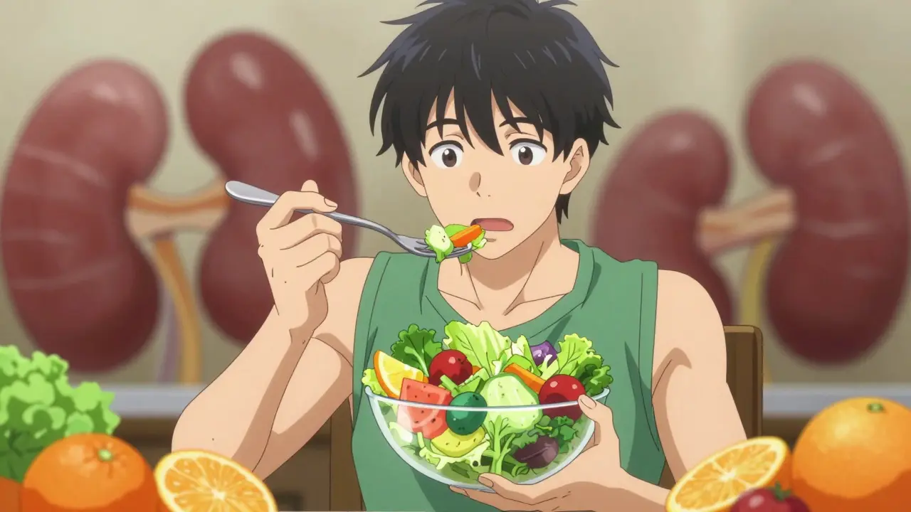 Homme manga mangeant des fruits et légumes pour réduire la charge acide rénale