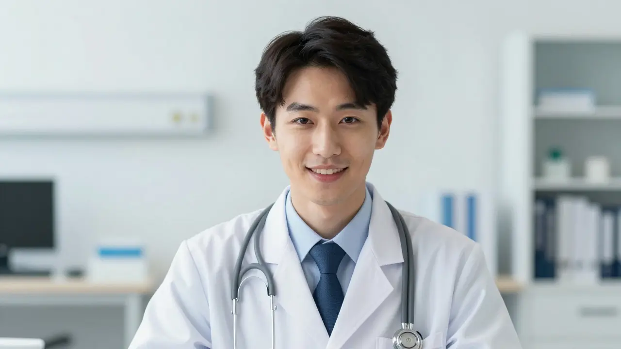 Médecin sympathique en costume blanc lors d'une consultation vidéo