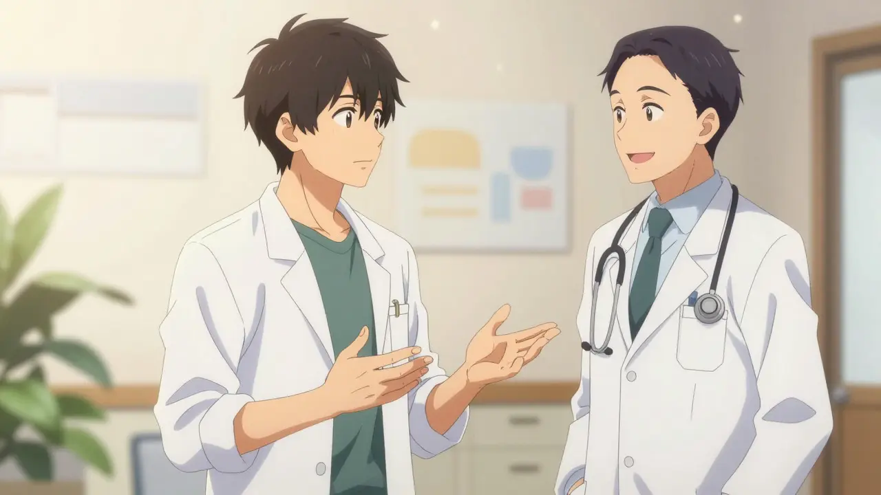 Patient et médecin en style anime discutant calmement dans un cabinet médical éclairé