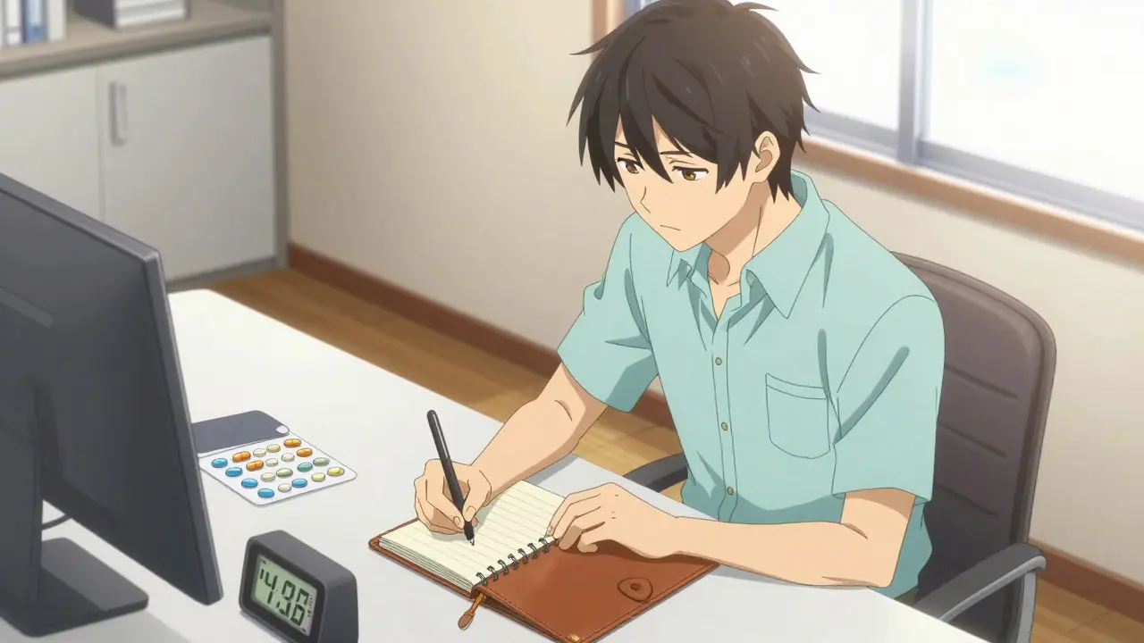 Personnage anime bishounen tenant un journal de suivi des symptômes à un bureau lumineux