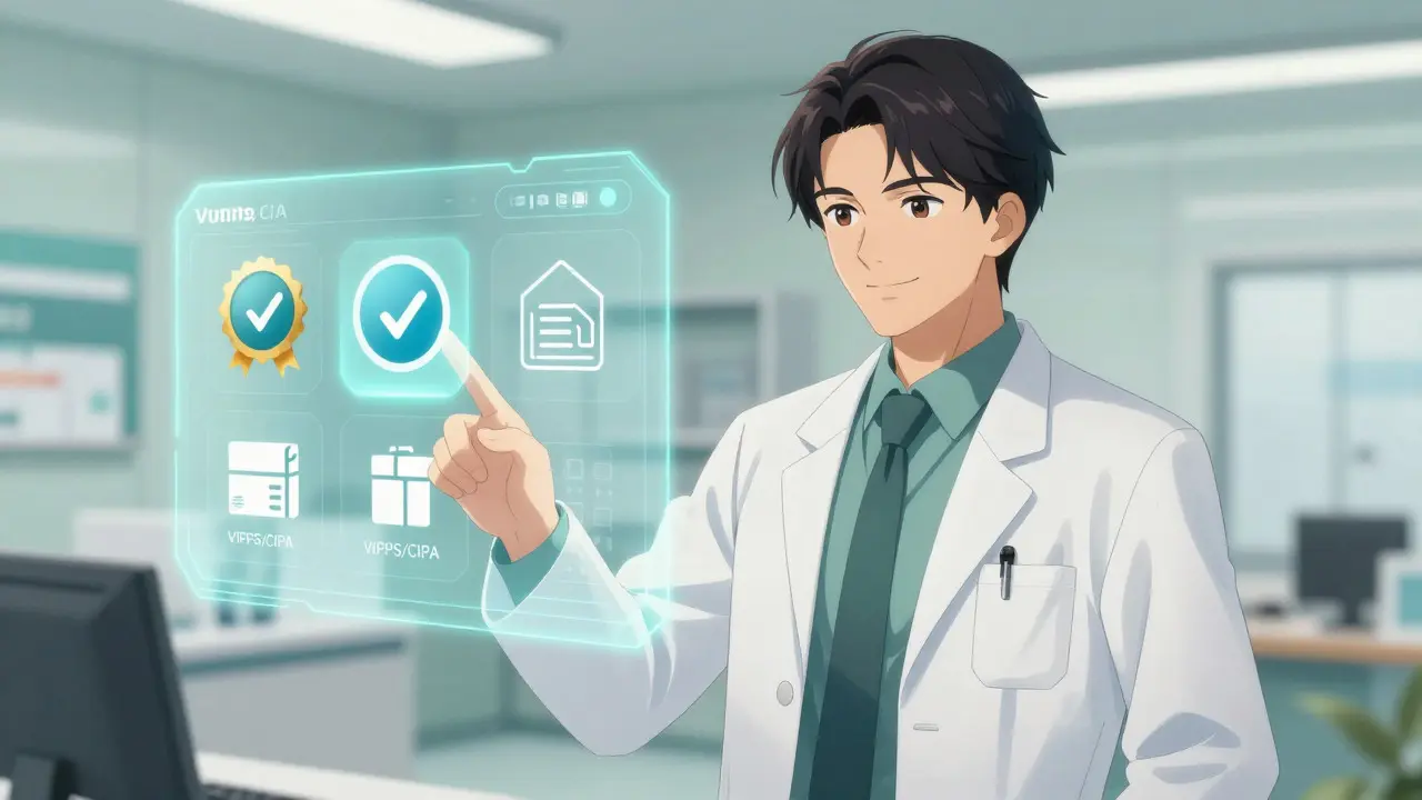 Pharmacien anime souriant devant une interface de pharmacie en ligne sécurisée