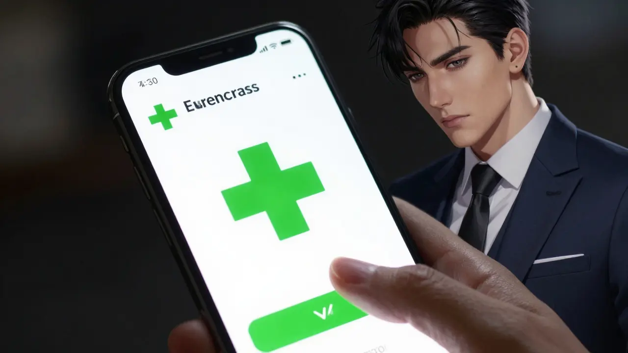Premier plan d'un écran de pharmacie en ligne affichant la croix verte européenne officielle