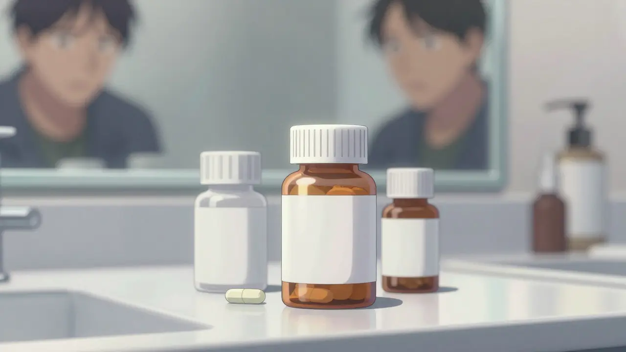 Groupe de boîtes de médicaments sur un comptoir de salle de bain moderne et épuré