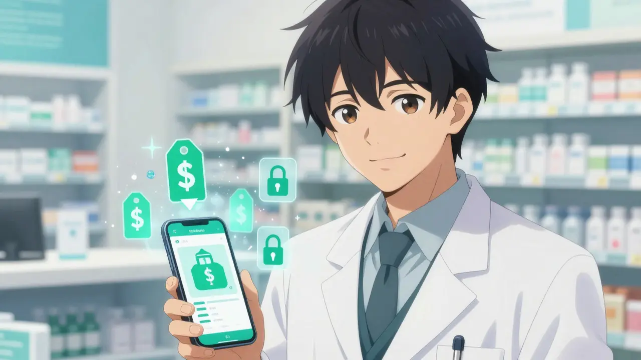Homme charmant montrant un coupon numérique sur son téléphone pour économiser