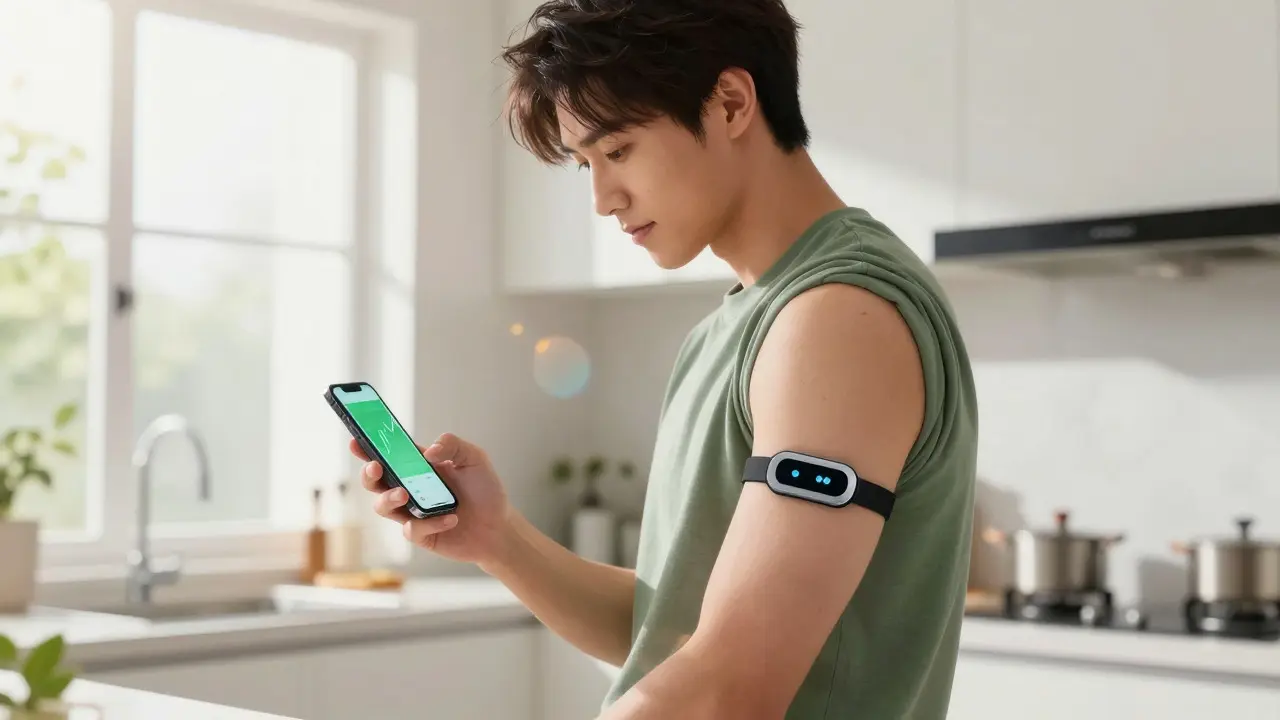 Homme stylé utilisant un moniteur continu de glucose