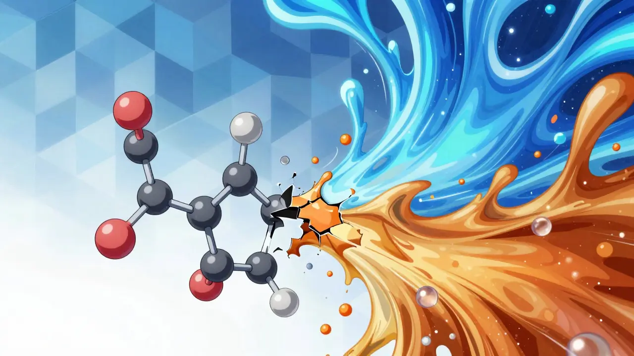 Illustration conceptuelle montrant la dégradation moléculaire des antibiotiques en solution aqueuse.