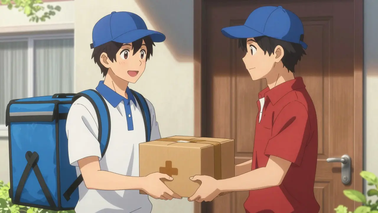 Livreur anime remettant un colis de médicaments à domicile