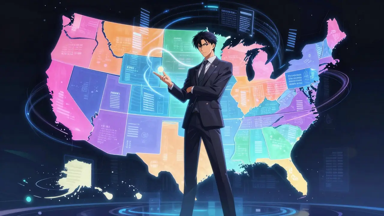 Personnage manga analysant une carte des États-Unis avec des données de santé