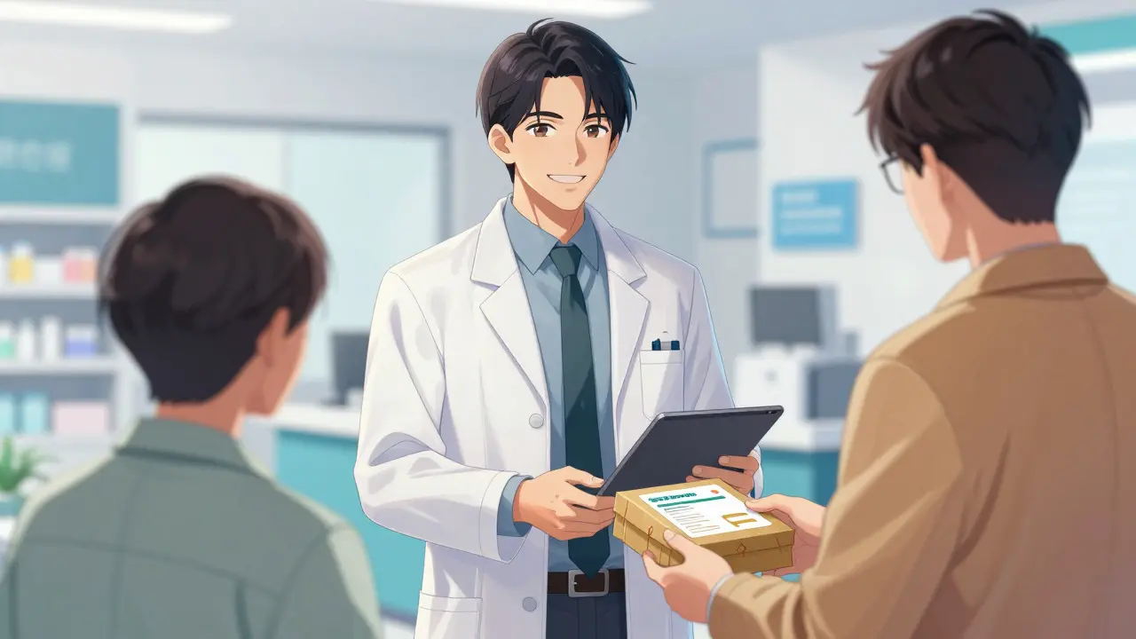 Pharmacien anime stylé remettant un médicament à un patient via tablette