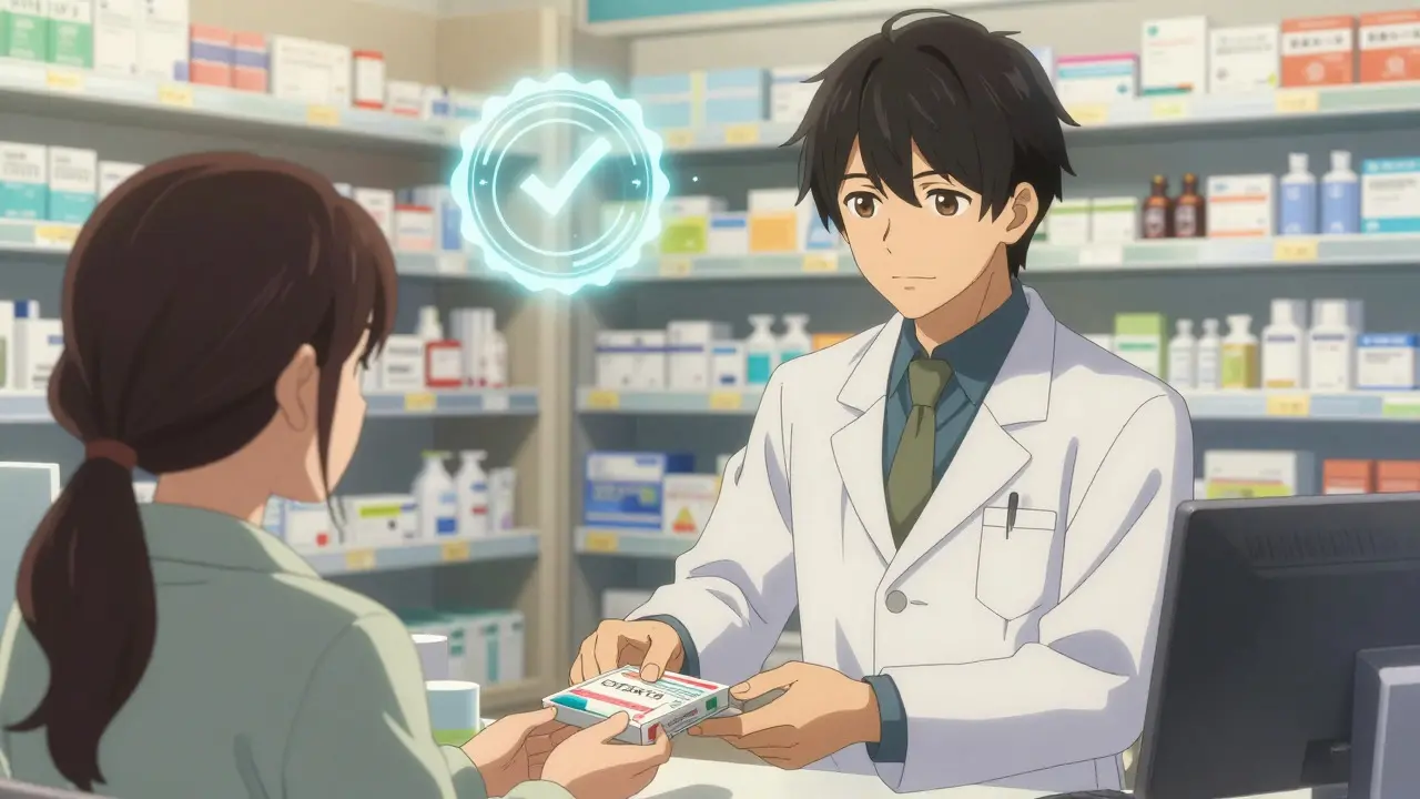 Pharmacien élégant remettant un médicament à un client dans une pharmacie moderne et sûre