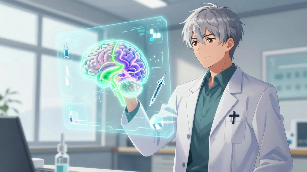 Pharmacien stylisé observant une projection holographique du cerveau et des médicaments