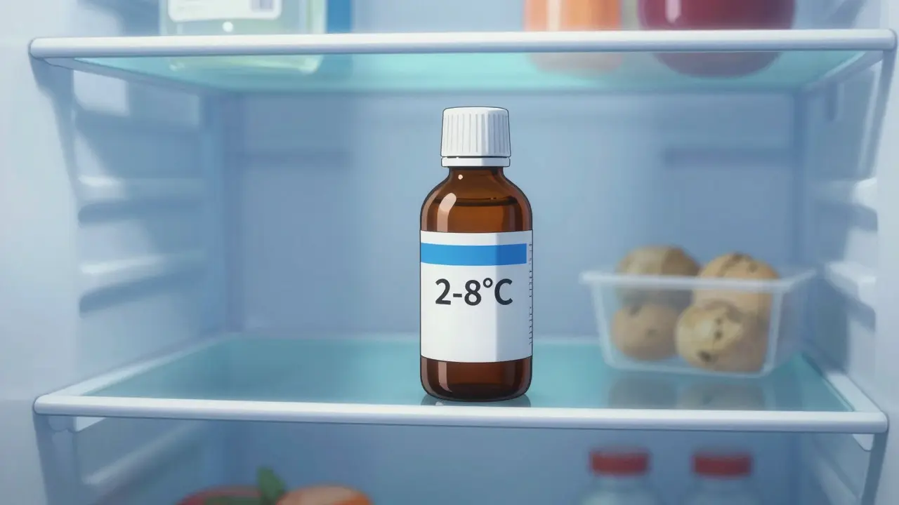 Un flacon d'antibiotique liquide stocké au frais dans un réfrigérateur pour maintenir sa stabilité.