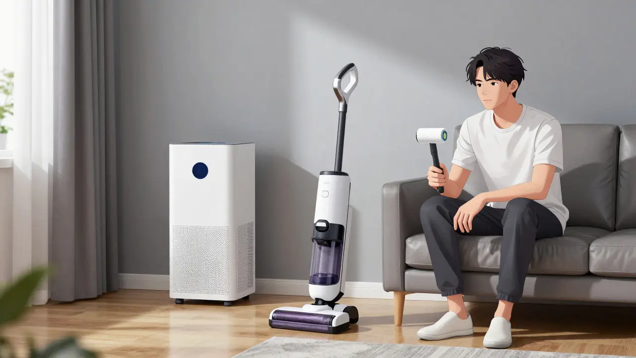 Un salon moderne avec un aspirateur HEPA et des sols durs, montrant l'aménagement anti-allergènes.