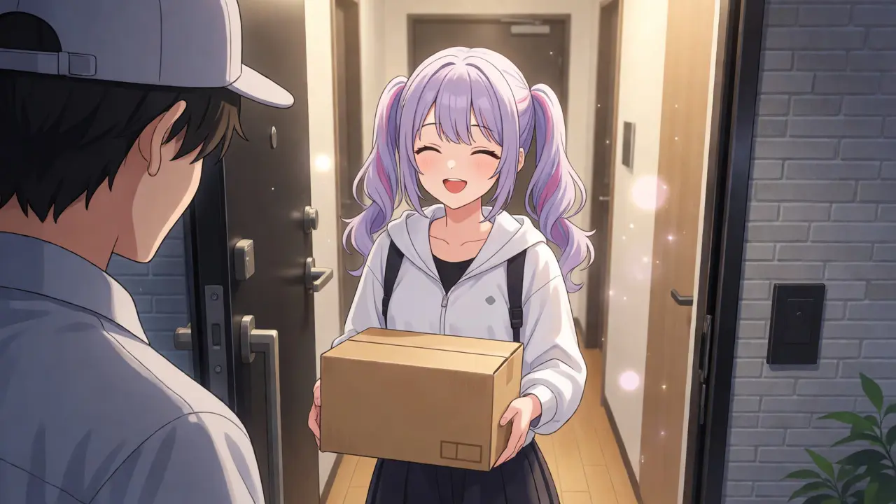 Jeune femme recevant un colis de médicaments à sa porte avec un sourire joyeux.